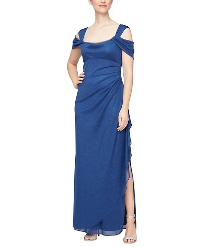 Alex Evenings Cold-Shoulder Draped Metallic Petite Gown