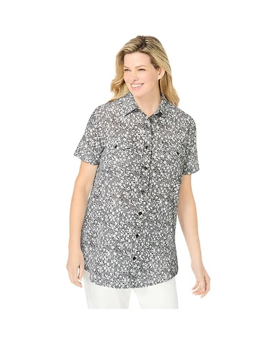 Woman Within Women's Short-Sleeve Cotton Campshirt