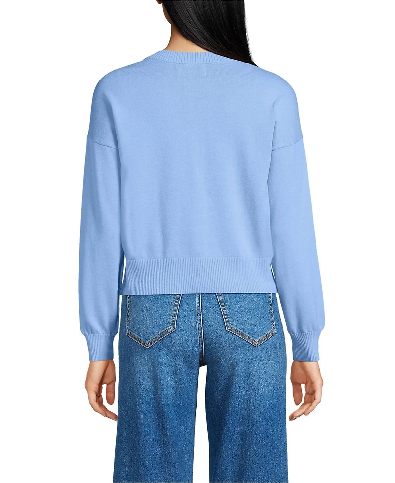 Lands' End Women's Cropped Fine Gauge Crew Neck Cardigan Sweater