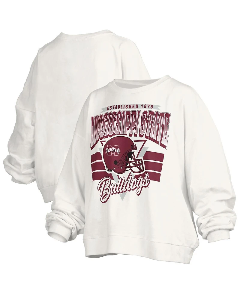 Pressbox Women's White Mississippi State Bulldogs Oversized Janice Retro Waist-Length Pullover Sweatshirt