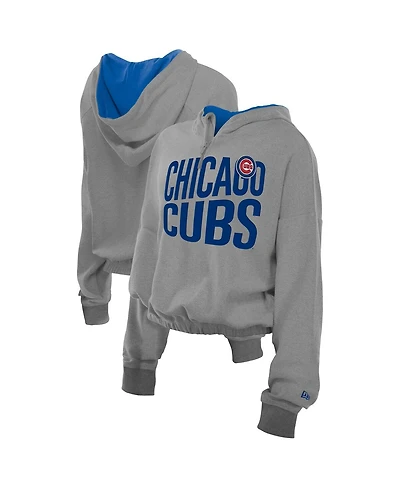 New Era Men's Heather Gray Chicago Cubs Reversed Out French Terry Quarter-Zip Banded Crop Hoodie