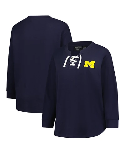 Fanatics Women's Navy Michigan Wolverines Lace-Up Waffle Knit Plus Long Sleeve T-Shirt