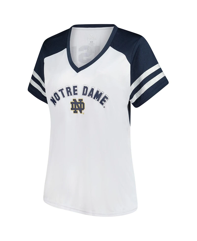 Fanatics Women's White Notre Dame Fighting Irish Plus Rhinestone Glitter Sleeve Stripe V-Neck T-Shirt