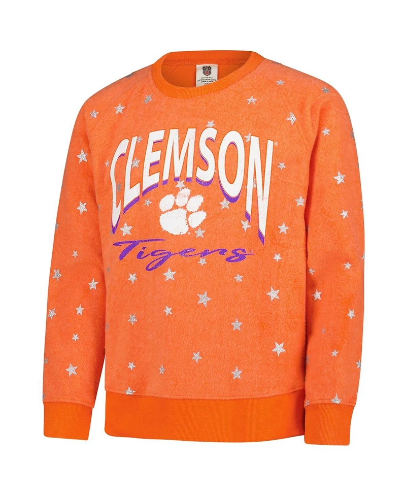 Wes & Willy Big Girls Orange Clemson Tigers Shimmer Star Reverse Sweatshirt