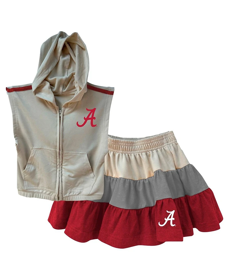 Wes & Willy Girls Toddler 2-Piece Tan Alabama Crimson Tide Tri-Blend Sleeveless Full-Zip Hoodie and Tiered Skirt Set