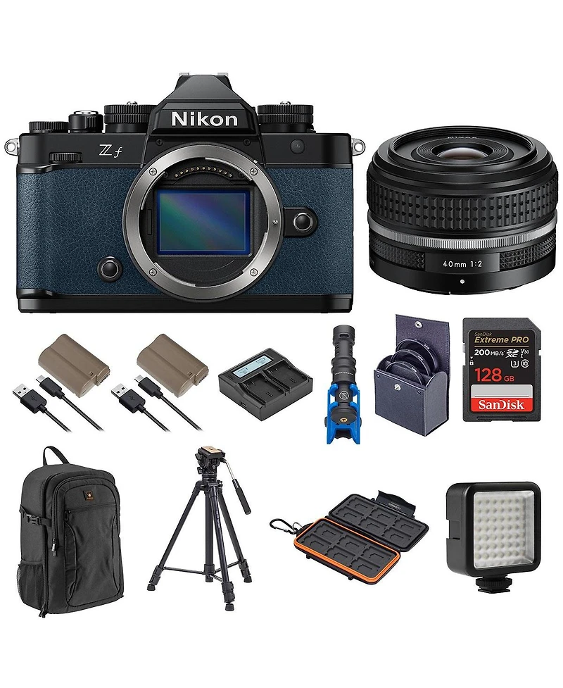 Nikon Z f Mirrorless Camera, Blue with Nikkor Z 40mm f/2 Se Lens, Bundle with 2x Battery, 128GB Memory Card, Shotgun Microphone, Tripod and Backpack