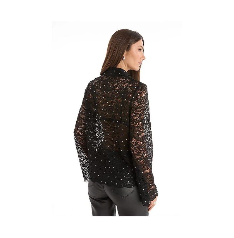 The Noli Shop Womens Jena Lace Button Up Shirt - Black