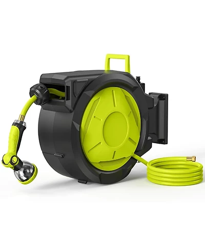 Sugift 65ft Retractable Garden Hose Reel with Auto Rewind, 180° Swivel & 10-Function Nozzle
