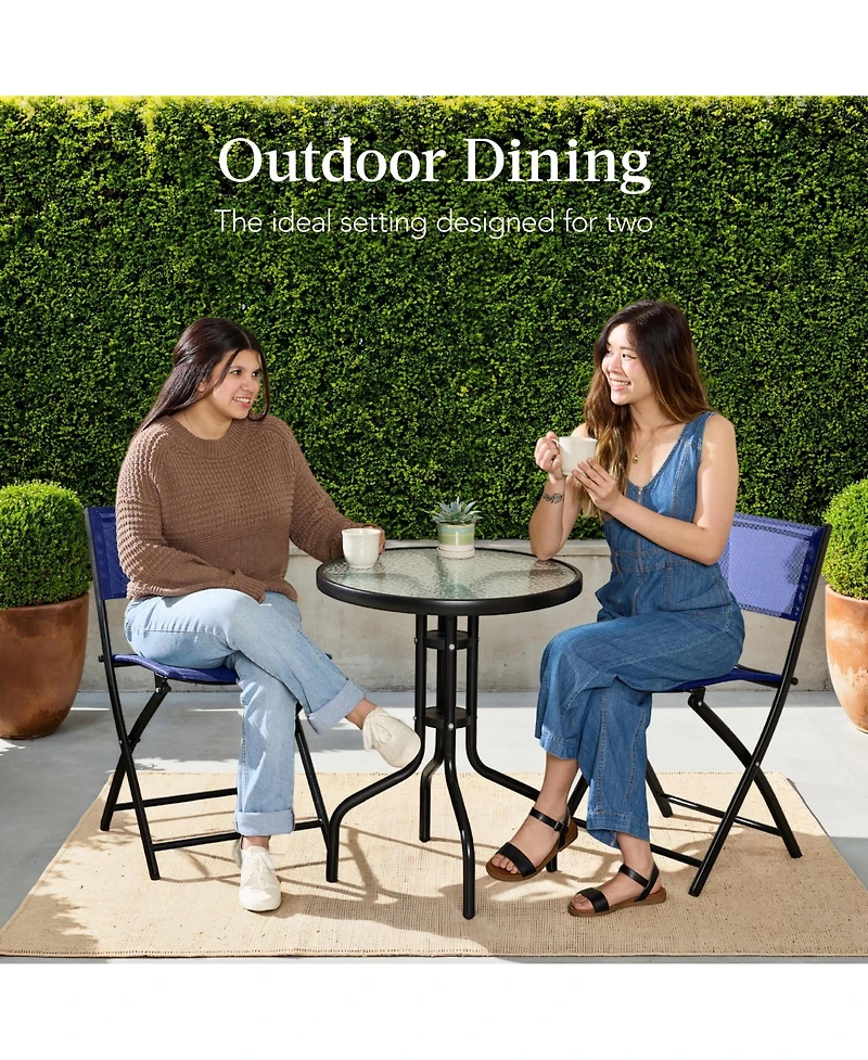 Best Choice Products 3-Piece Patio Bistro Dining Furniture Set w/ Round Textured Glass Tabletop, Folding Chairs