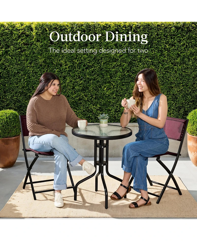Best Choice Products 3-Piece Patio Bistro Dining Furniture Set w/ Round Textured Glass Tabletop, Folding Chairs