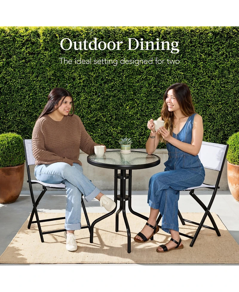 Best Choice Products 3-Piece Patio Bistro Dining Furniture Set w/ Round Textured Glass Tabletop, Folding Chairs