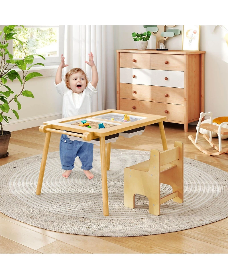 Costway Sensory Table & Chair Set for Kids 2-8 with Foldable Bins Sand/Water Paper Beige