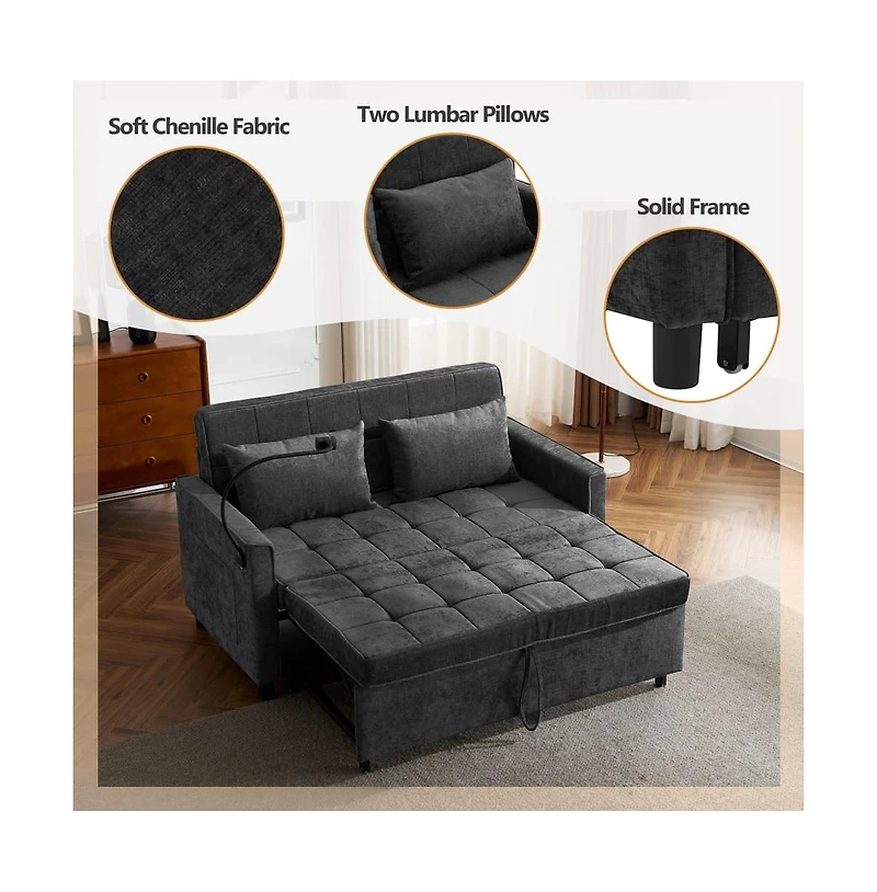 Maison Boucle 56.9" Pull-Out Sleeper Sofa with Usb Ports, Phone Holder & Adjustable Backrest, Convertible Bed Pillows-Maison