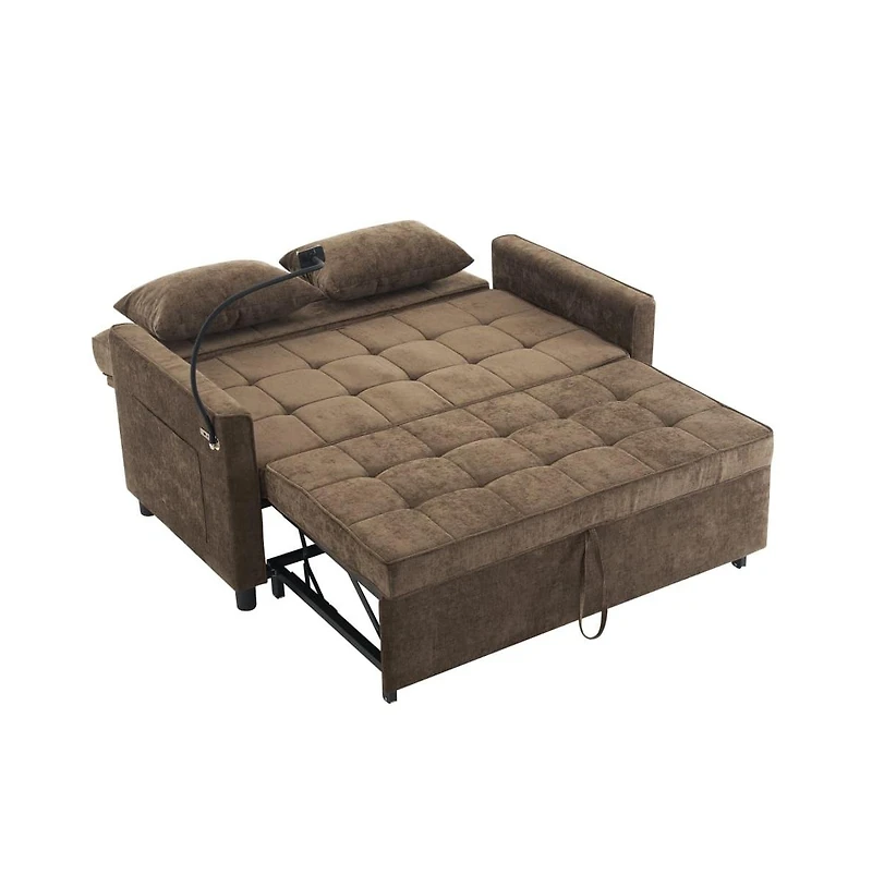 Maison Boucle 56.9" Pull-Out Sleeper Sofa with Usb Ports, Phone Holder & Adjustable Backrest, Convertible Sofa Bed with Pillows-Maison Boucle