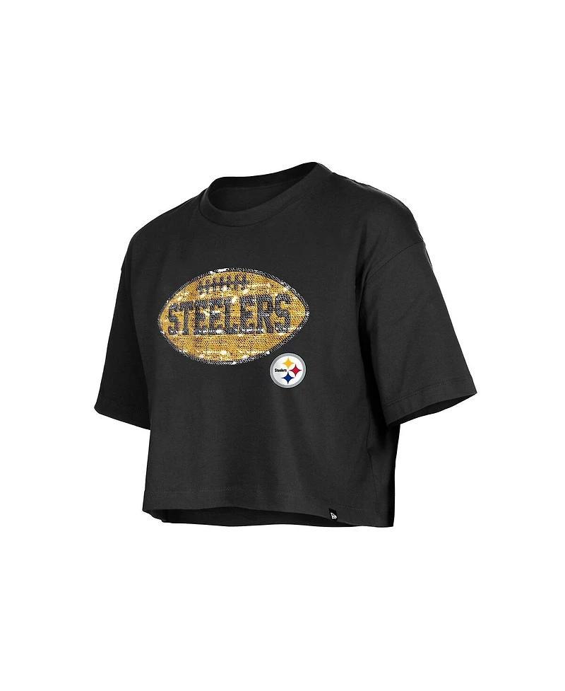 New Era Girl's Black Pittsburgh Steelers Flip Sequin Boxy T-Shirt