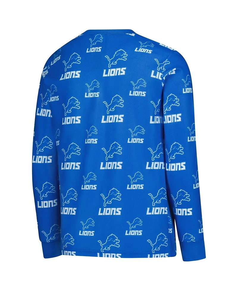 Outerstuff Big Boys and Girls Blue Detroit Lions All-Over-Print Long Sleeve T-Shirt Pants Sleep Set