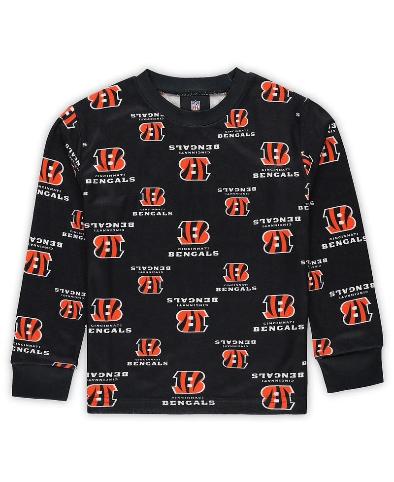 Outerstuff Preschool Black Cincinnati Bengals All-Over-Print Long Sleeve T-Shirt and Pants Sleep Set