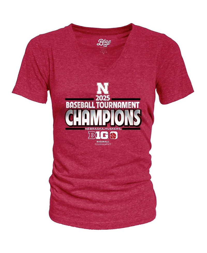 Blue 84 Women's Scarlet Nebraska Huskers 2025 Big Ten Baseball Conference Tournament Champions Locker Room V-Neck T-Shirt