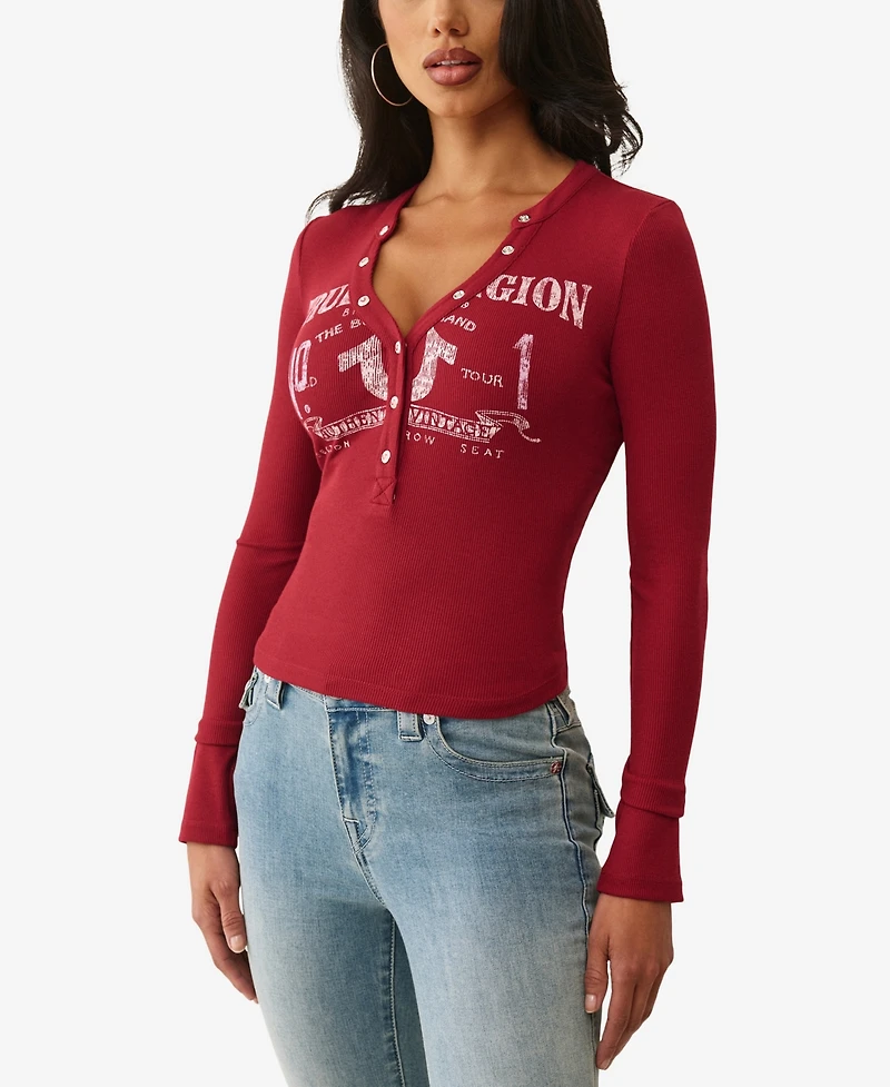 True Religion Women's Ls Printed Ribbed Henley Top