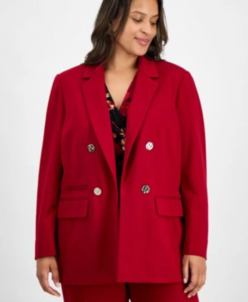 Anne Klein Plus Size Open Front Blazer Printed Sleeveless Faux Wrap Top Pull On Wide Leg Pants