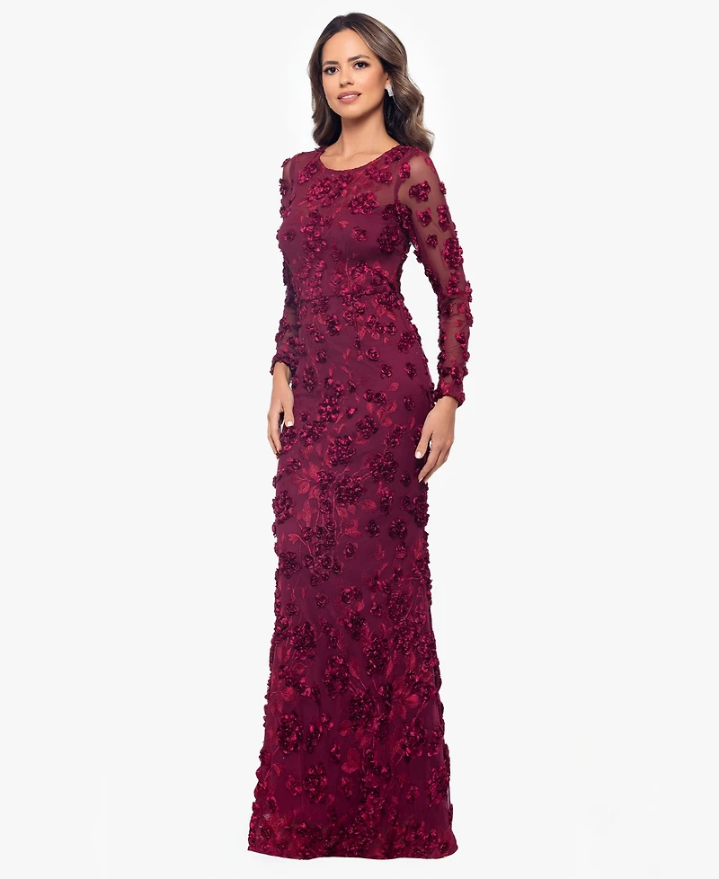 Xscape Women's Long Sleeve Rose Flower Dress