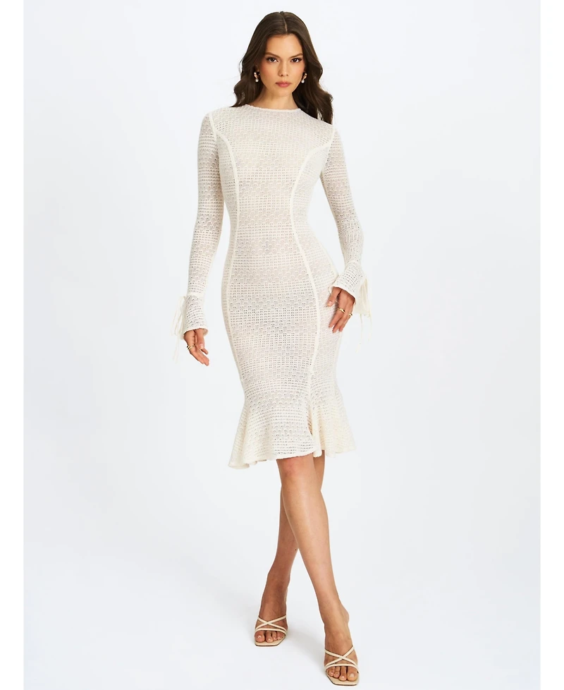 Miss Circle Women's Pamina Beige Crochet Long Sleeve Midi Flare Mermaid Dress