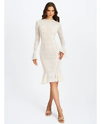 Miss Circle Women's Pamina Beige Crochet Long Sleeve Midi Flare Mermaid Dress