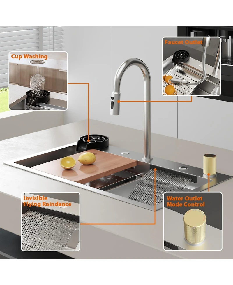 30-Inch Drop-In Single Bowl 304 Stainless Steel Kitchen Sink with Pull-Down Faucet, Cutting Board & Hidden Waterfall