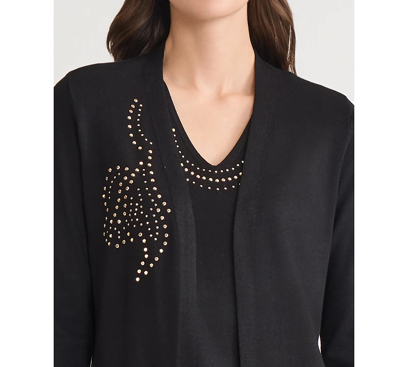 Kasper Women's Stud-Embellished Kissing-Front Long-Sleeve Cardigan