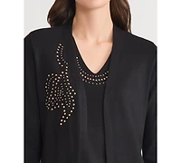Kasper Women's Stud-Embellished Kissing-Front Long-Sleeve Cardigan