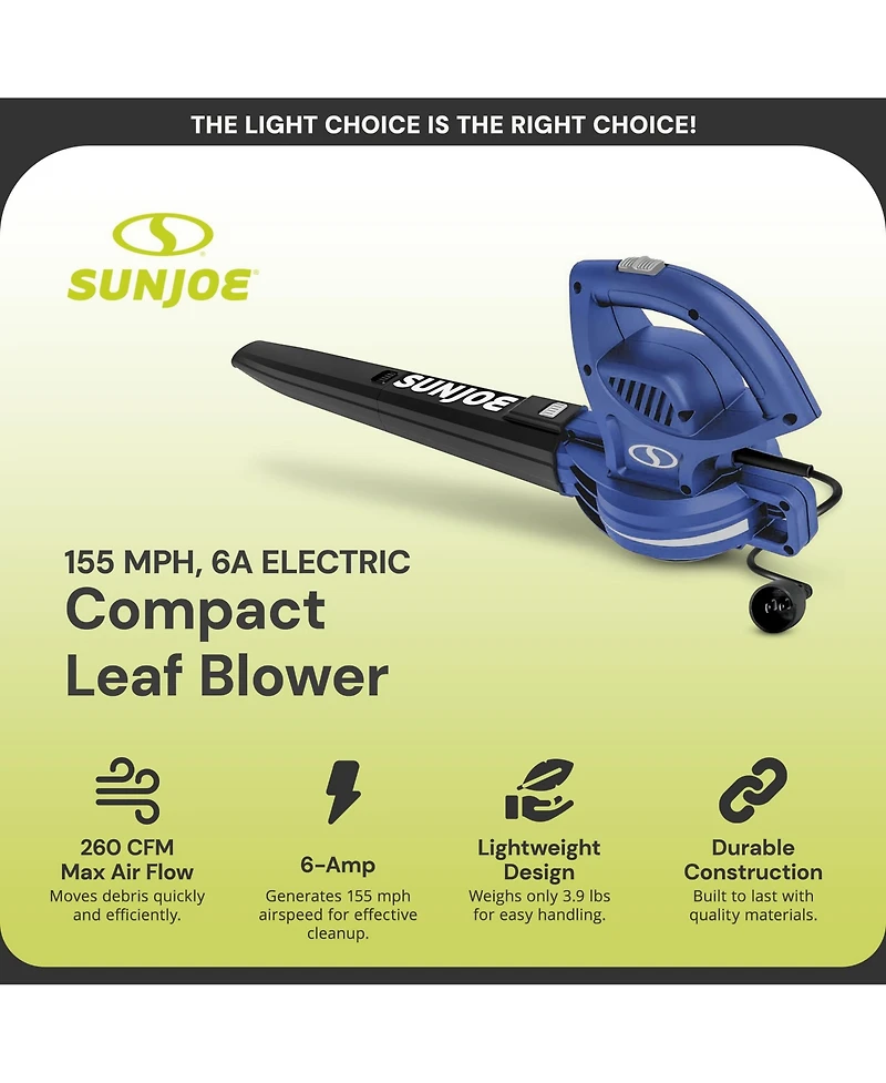 Sun Joe Electric All Purpose Leaf Blower, 6 Amp Motor, 155MPH Speed, SBJ597E-sjb
