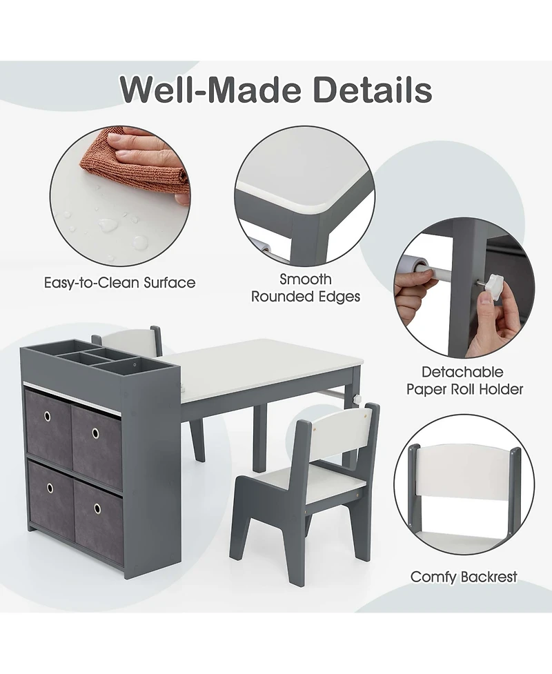 Kids Art Table & Chairs Set with Paper Roll Wooden Craft Study Desk Active Play
