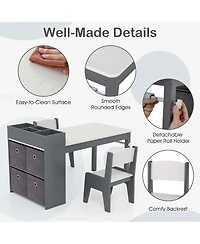 Kids Art Table & Chairs Set with Paper Roll Wooden Craft Study Desk Active Play