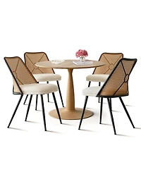 Maison Boucle 5-Piece 39.5" Round Dining Set with Wood-Look Pedestal Table and 4 Faux Rattan Dining Chairs with Upholstered Seats and Metal Legs-Maiso