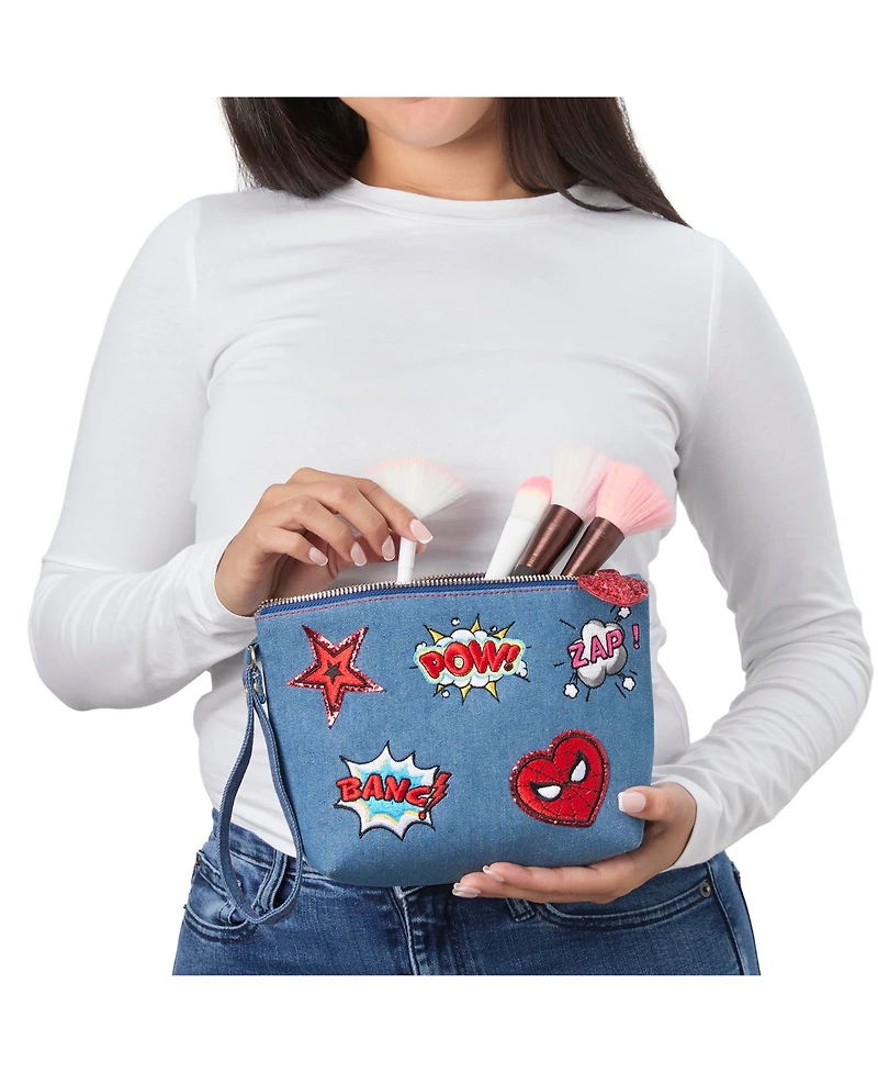 Marvel SpiderMan Denim Patch Cosmetic Pouch with Comic Pop Embellishments
