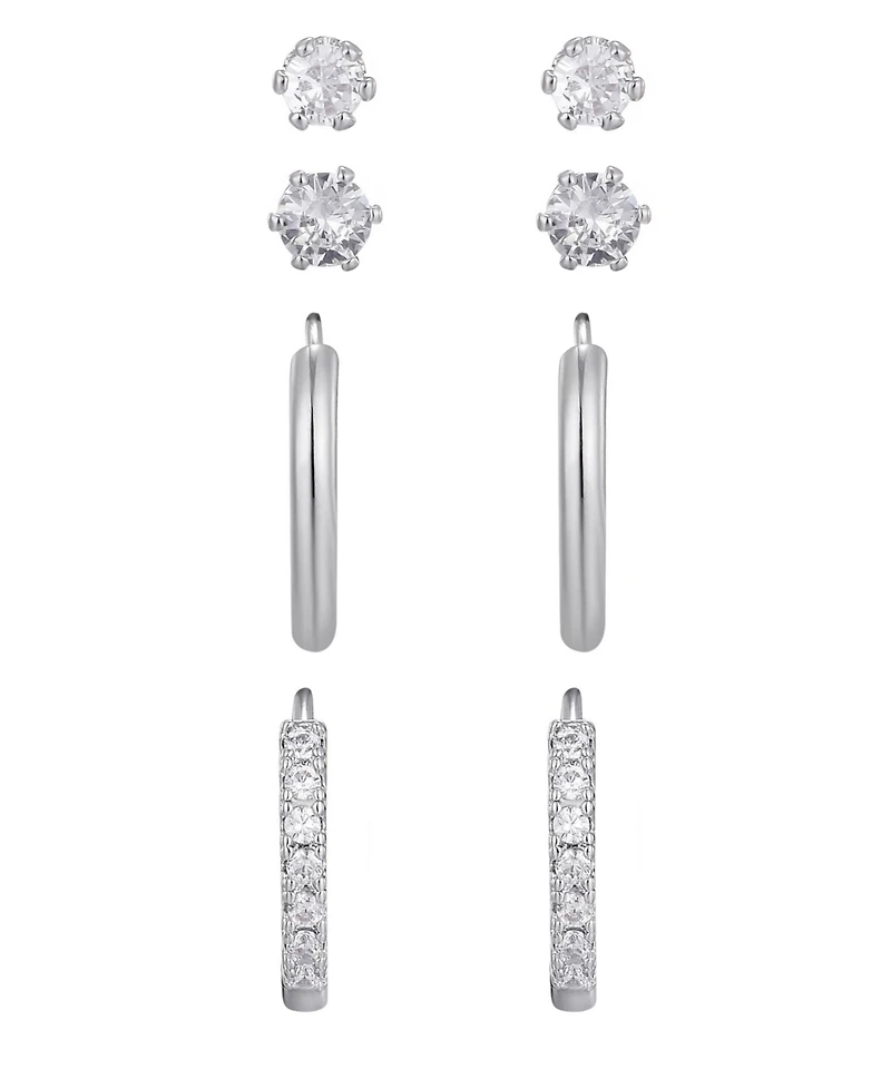 Adornia Silver Cz Hoop and Solitaire Stud Earrings Set