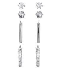 Adornia Silver Cz Hoop and Solitaire Stud Earrings Set
