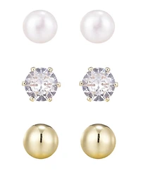 Adornia Gold Freshwater Pearl Stud, Ball and Solitaire Earrings Set