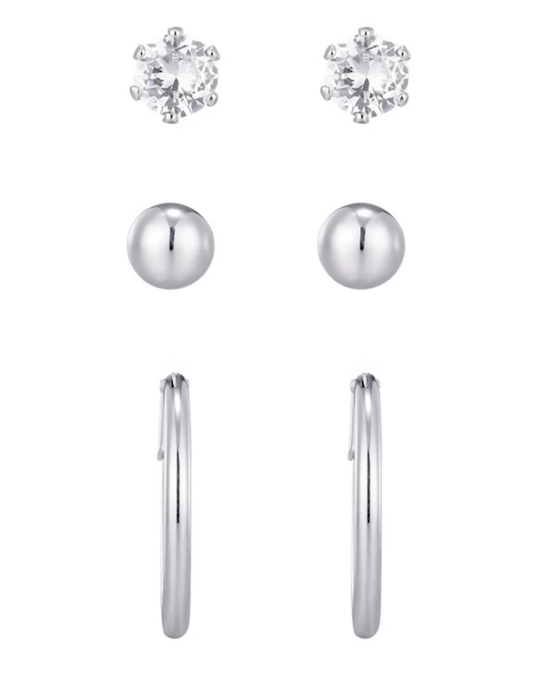 Adornia Silver Hoop, Solitaire and Ball Stud Earrings Set