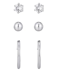 Adornia Silver Hoop, Solitaire and Ball Stud Earrings Set