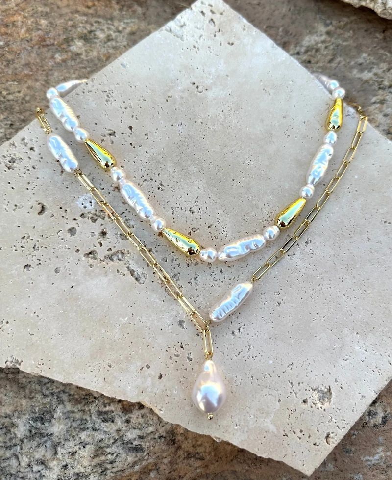 Adornia Gold Beaded Faux Cultivated Pearl Layered Lariat Necklace