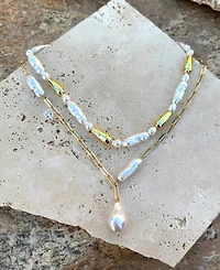 Adornia Gold Beaded Faux Cultivated Pearl Layered Lariat Necklace