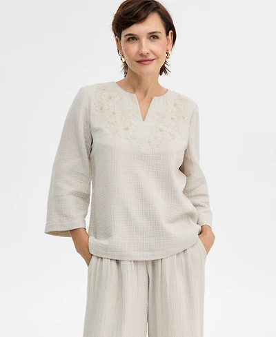 Jm Collection Women's Cotton Beaded Gauze Top, Macy's Exclusive