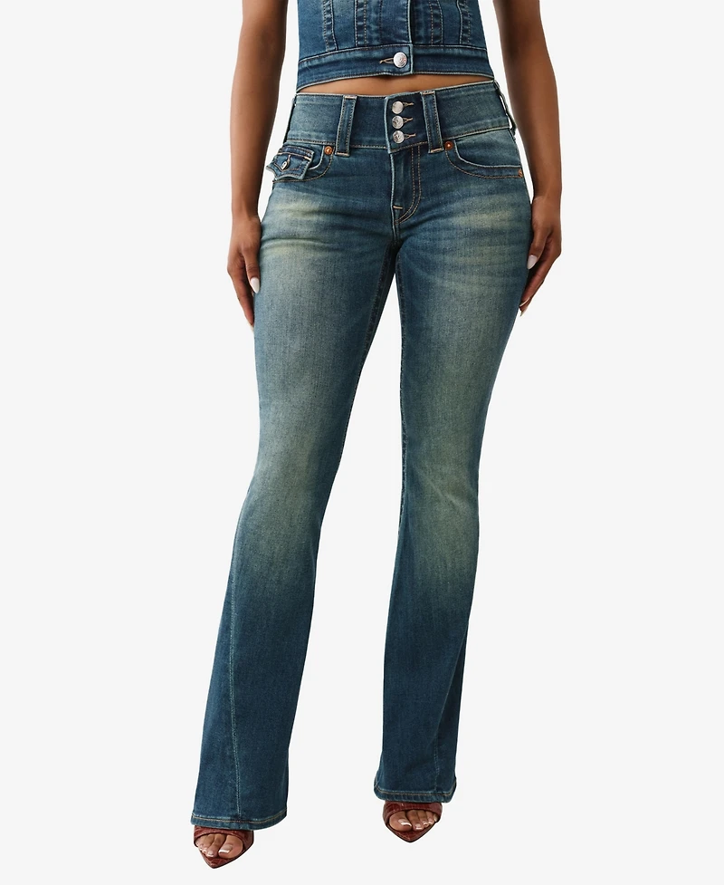 True Religion Women's Y2K Joey Flare Mid Rise Flap Jeans