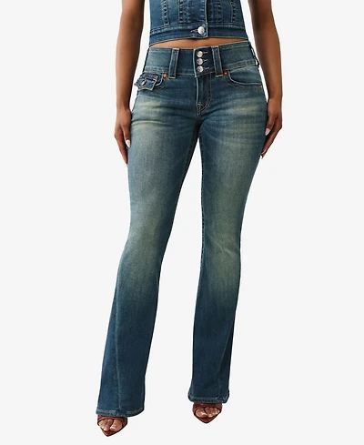 True Religion Women's Y2K Joey Flare Mid Rise Flap Jeans