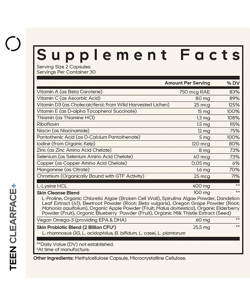 Codeage Teen Clearface Adolescent Face, Skin & Pimples, Vitamins A, C, D3, E, Pantothenic Acid, Niacin, Zinc Supplement Teenagers, Probiotics, L-Lysin