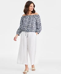 Charter Club Women's 100% Linen Tile On-Off-Shoulder 3/4-Sleeve Top, Macy's Exclusive