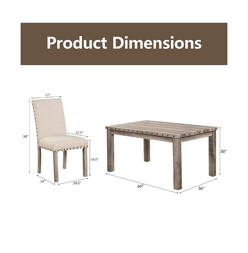 Farmhouse Dining Table Set for 4, Country Style Kitchen Table w/ 4 Upholstered Chairs, Rustic Vintage Dining Set for Family Meals