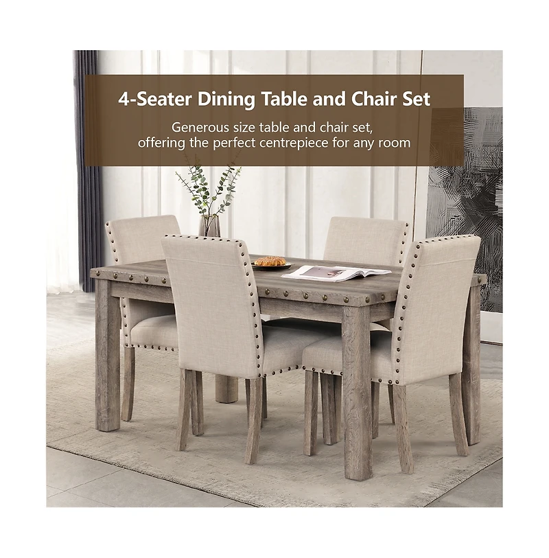 Farmhouse Dining Table Set for 4, Country Style Kitchen Table w/ 4 Upholstered Chairs, Rustic Vintage Dining Set for Family Meals