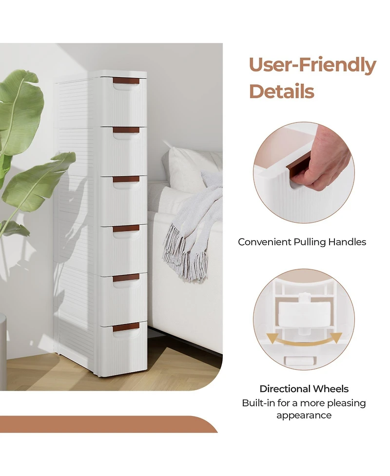 Volenca 6-Drawer Rolling Organizer Unit Narrow Storage Cabinet with Built-In Wheels for Small Space